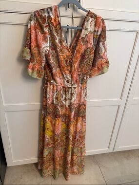 Bohemian Paisley Wrap Maxi Dress in Pink and Orange